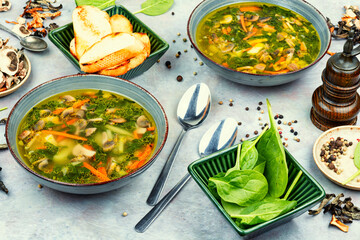 Canvas Print - Spinach and mushroom soup.