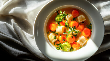 Wall Mural - tasty and healthy hot chicken beef bone broth, soup in a white bowl with vegetables, carrot, leek and onion, top view