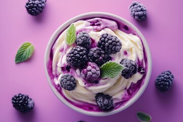 Wall Mural - Creamy yogurt bowl topped with blackberries and fresh mint leaves