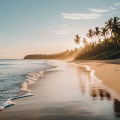 Poster - Serene tropical beach at sunset with palm trees lining the shore and gentle waves lapping at the golden sands. Generative AI