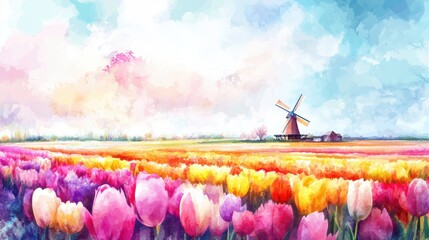 Poster - Colorful watercolor depiction of tulip fields with a windmill under a vibrant spring sky. Generative AI