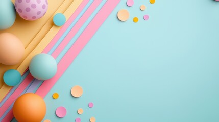 Wall Mural - Colorful balls and confetti on light blue background.