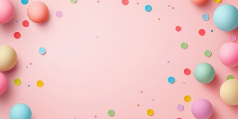 Wall Mural - Pastel-colored spheres and confetti arranged in a circular frame on a pink background.