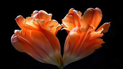 Two parrot tulips forming a heart shape on black background