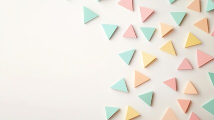 Wall Mural - Colorful triangular shapes scattered on a light background.