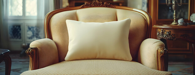 Wall Mural - Cream pillow on antique chair, sunlight