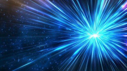 Wall Mural - Abstract digital artwork featuring a vibrant burst of light radiating outwards from a central point. The light trails are a mix of bright blue and