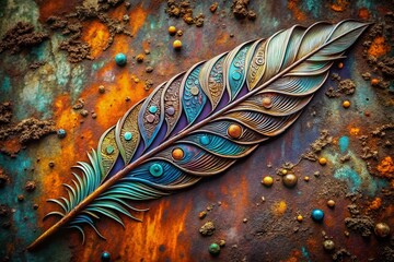 Wall Mural - Bohemian Feather Motif on Industrial Metal Texture: Abstract Stock Photo