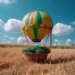 Colorful hot air balloon featuring a leprechaun and shamrocks, floating in a lively St. Patrick’s Day scene filled with festive spirit and Irish tradition