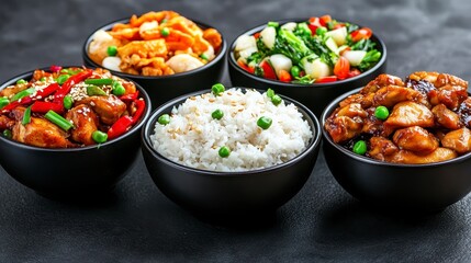 Canvas Print - Close up view of assorted Asian food dishes, featuring stir fried chicken, vegetables, and rice in dark bowls against a dark gray background. The