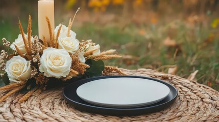 Wall Mural - Elegant display of a white plate and a candle with white flowers and wheat on a rustic woven table setting outdoors. The soft warm light and blurred