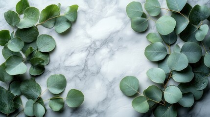 Wall Mural - Eucalyptus frame on marble, background blur