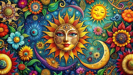 Wall Mural - Boho Floral Sun Moon Pattern Panoramic Fashion Print Design