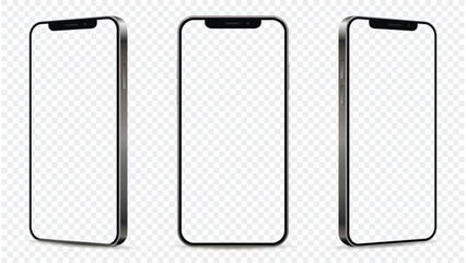 Wall Mural - three smartphones with empty transparent screens. mobile phone isolated on transparent background