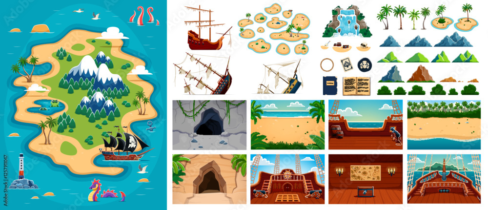 Treasure Map Assets Pirate game assets with sunken ships, tropical treasure island, ship ...
