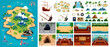© Vector Tradition - Pirate game assets with sunken ships, tropical treasure island, ship deck and landscape details. Pirate game vector elements and assets set, cartoon treasure map, chest, buccaneer cave and black spot