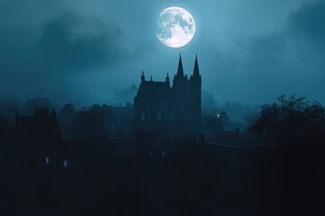 Wall Mural - city skyline at night with full moon