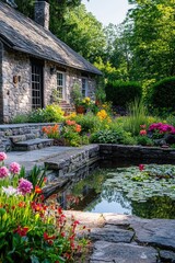 Canvas Print - Stone House by Pond