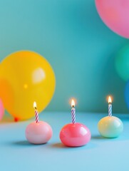 Poster - Colorful birthday celebration with vibrant balloons and glowing candles creating a joyful atmosphere for a special event. Generative AI