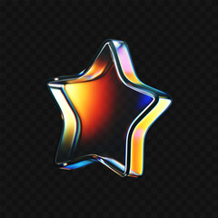 Wall Mural - 3d glass star icon with refraction and holographic effect isolated on dark background. render transp