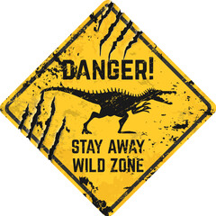 Wall Mural - spinosaurus dinosaur warning grunge metal sign board with claw scratches, vector banner. danger zone