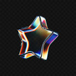 © janevasileva - 3D glass star icon with refraction and holographic effect isolated on dark background. Render transparent glass star with overlay dispersion light, rainbow gradient. 3d vector morphism