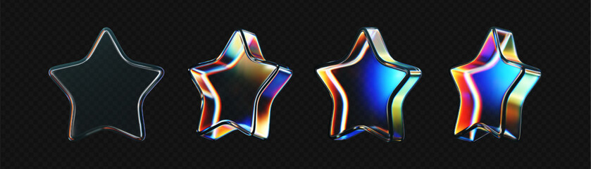 Wall Mural - 3d glass star icon set with refraction and holographic effect isolated on dark background. render tr