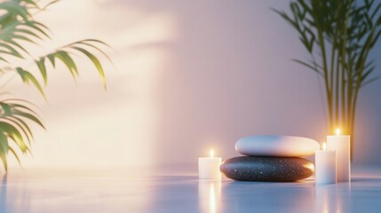 Wall Mural - Relaxing spa atmosphere with smooth massage stones and soft candlelight inviting calm and tranquility. Generative AI