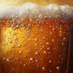 Wall Mural - Extreme Close-Up of a Glass of Beer with Golden Bubbles and Foam