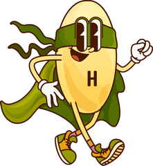 Wall Mural - Cartoon groovy vitamin H superhero character. Isolated vector yellow heroic Biotin pill wearing green cape and eye mask, striding forward energetically promotes health, supplements and wellness themes