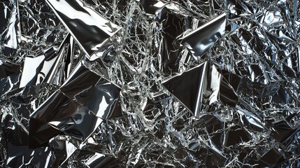 Wall Mural - abstract, crumpled silver foil texture with sharp folds and reflections.