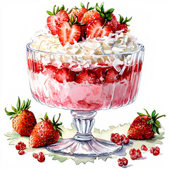 Wall Mural - Watercolor illustration of a glass dessert bowl filled with layers of strawberries, pink cream, and whipped topping.