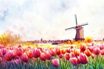 Poster - Colorful watercolor illustration of tulip fields with a windmill during springtime. Generative AI