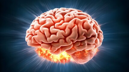 Wall Mural - Exploding brain graphic, detailed 3d model of a human brain with fiery explosion effects in the center, showcasing intense energy or mental activity