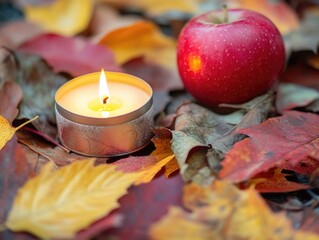 Canvas Print - Apple and Candle with Leaves