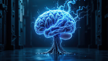 Wall Mural - A striking digital artwork featuring a human-like brain radiating electric energy against a futuristic backdrop.