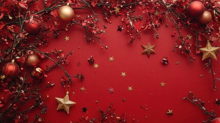 Merry Christmas red background decorated with happy 2022 new year tree branches and baubles stars, winter holiday card decorations festive merry concept, flat lay, above top view, copy space