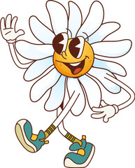 Aufkleber - Groovy daisy chamomile character in retro cartoon, vector hippie flower. Groovy daisy chamomile or psychedelic flower with funny face and crazy smile with hi or Hello gesture as freaky hipster emoji