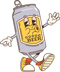 Aufkleber - Cartoon groovy alcohol beer can character happily walking to party with playful hippie vibe. Isolated vector y2k tin can with beverage embodies fun and enjoyment, ready for celebration of funky events