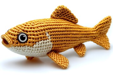 • a single crocheted fish motif coaster, crafted with soft cotton yarn in vibrant orange and white, 