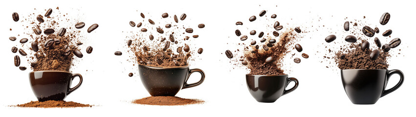  Exploding Coffee Beans and Ground Coffee from Cup Set