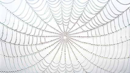 Spider web with dew drops on white.