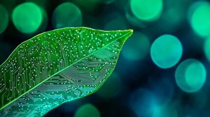 This image depicts a leaf adorned with a glowing circuit board design, representing a blend of nature and technology