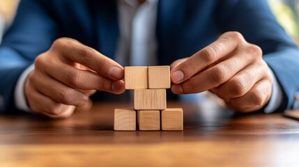 Leinwandbilder - A person skillfully builds a structure using wooden blocks on a table, showcasing creativity and focus in a professional setting.