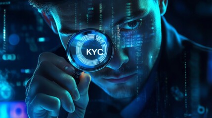 Poster - A focused individual examines digital data through a magnifying glass, emphasizing KYC (Know Your Customer) in a tech-inspired environment.