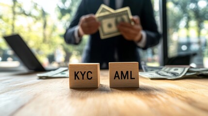 Poster - A person in a suit handles money while KYC and AML blocks are prominently displayed on a wooden table, symbolizing compliance in financial transactions.