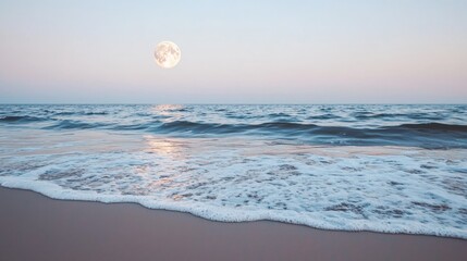 Wall Mural - Mindfulness and meditation method Mindfulness and meditation method, A serene beach scene at sunset, with gentle waves lapping at the shore and a soft, glowing moon reflecting on the water.