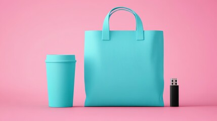 Sticker - Light teal tote bag, matching teal tumbler, and black flash drive on a soft pink background, studio shot, minimal, product display, modern design