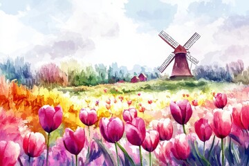 Poster - Colorful watercolor landscape featuring tulip fields and a windmill during vibrant spring. Generative AI