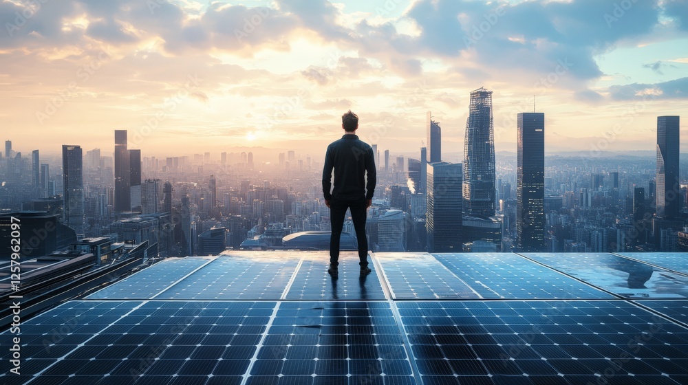 Business professional standing on a rooftop with solar panels ...
